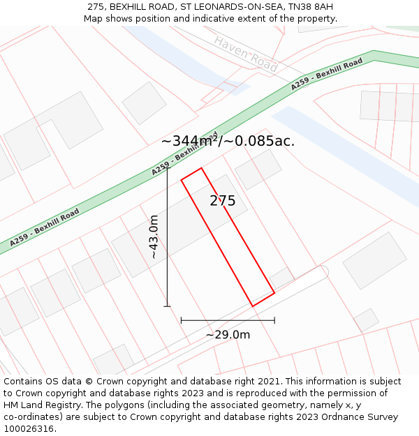 275, BEXHILL ROAD, ST LEONARDS-ON-SEA, TN38 8AH: Plot and title map