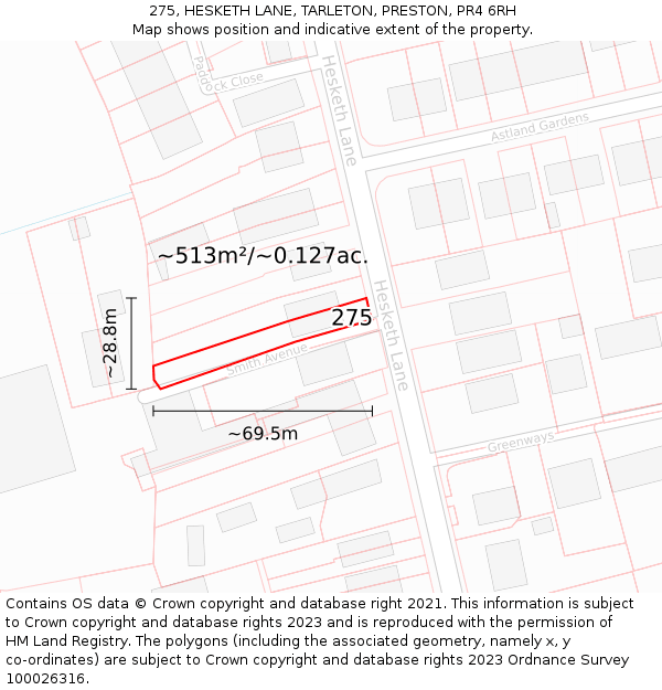 275, HESKETH LANE, TARLETON, PRESTON, PR4 6RH: Plot and title map