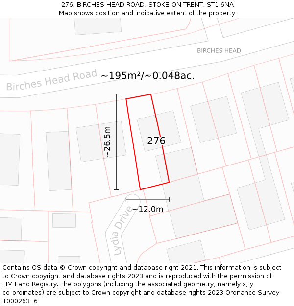 276, BIRCHES HEAD ROAD, STOKE-ON-TRENT, ST1 6NA: Plot and title map