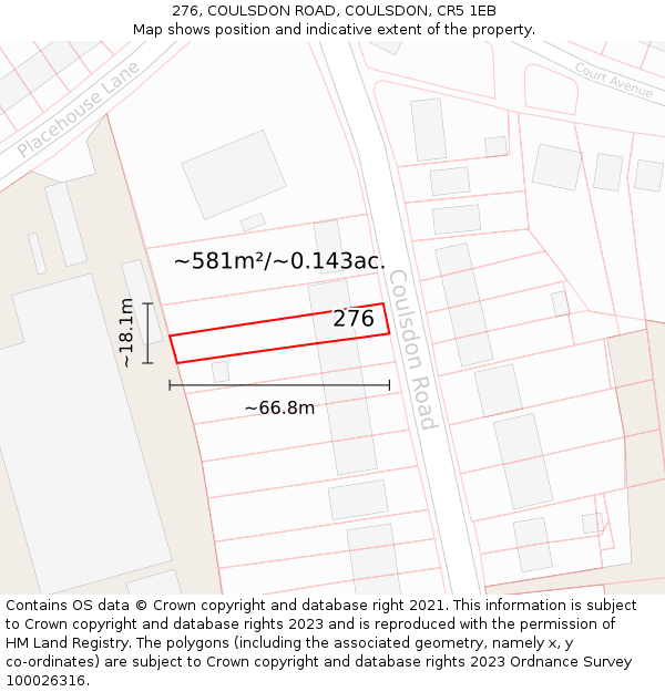 276, COULSDON ROAD, COULSDON, CR5 1EB: Plot and title map
