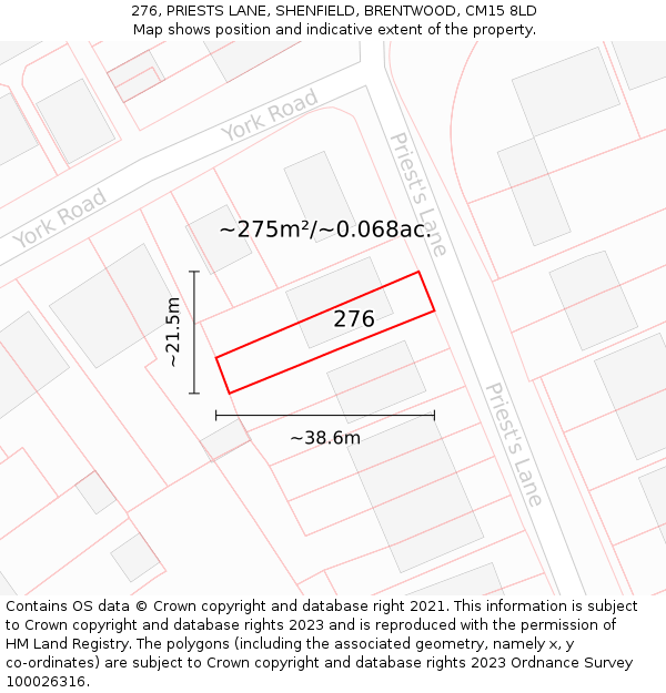 276, PRIESTS LANE, SHENFIELD, BRENTWOOD, CM15 8LD: Plot and title map