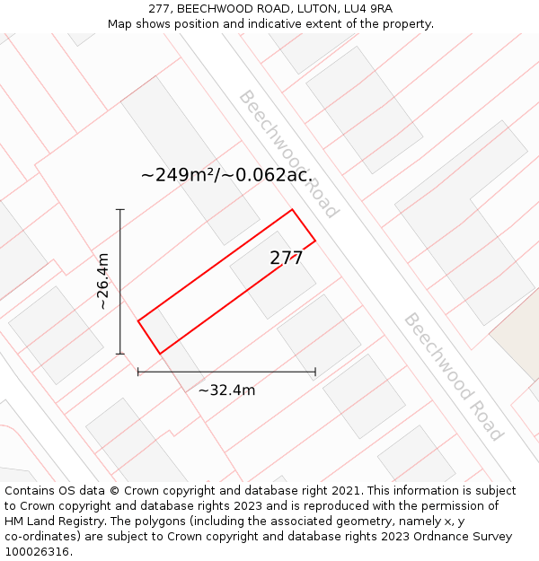 277, BEECHWOOD ROAD, LUTON, LU4 9RA: Plot and title map