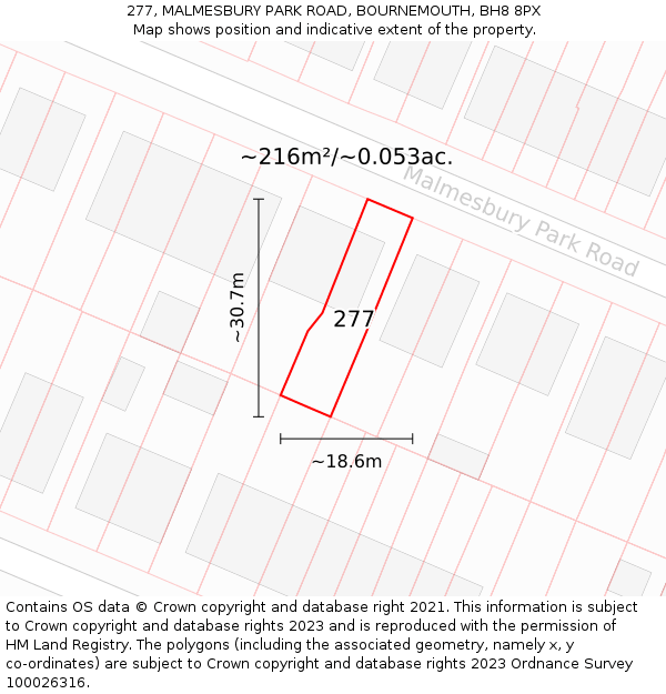 277, MALMESBURY PARK ROAD, BOURNEMOUTH, BH8 8PX: Plot and title map