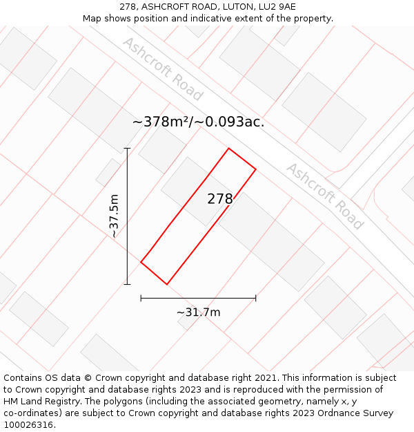 278, ASHCROFT ROAD, LUTON, LU2 9AE: Plot and title map