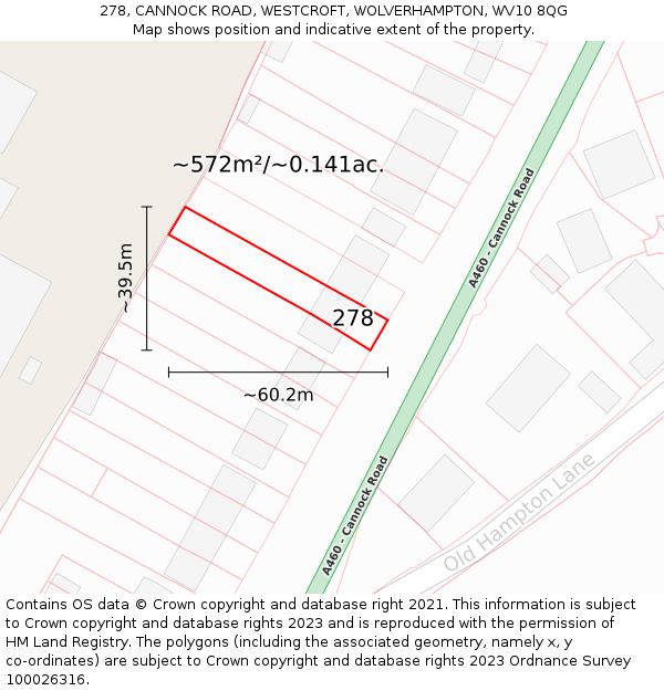 278, CANNOCK ROAD, WESTCROFT, WOLVERHAMPTON, WV10 8QG: Plot and title map