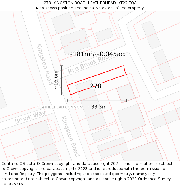 278, KINGSTON ROAD, LEATHERHEAD, KT22 7QA: Plot and title map