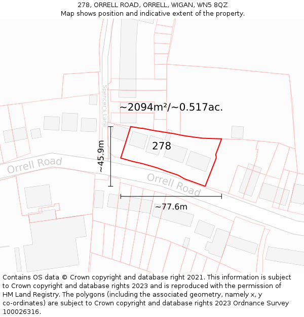 278, ORRELL ROAD, ORRELL, WIGAN, WN5 8QZ: Plot and title map