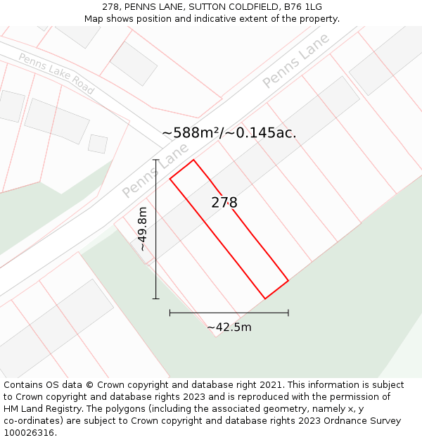 278, PENNS LANE, SUTTON COLDFIELD, B76 1LG: Plot and title map