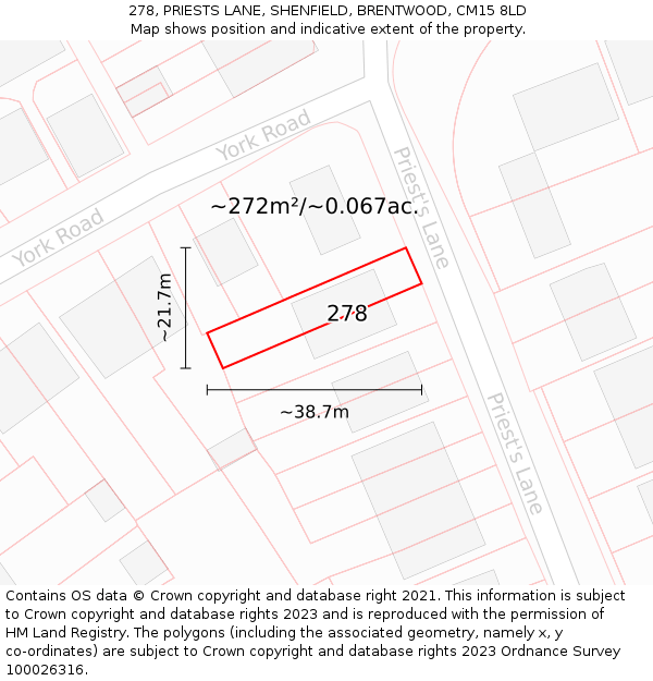 278, PRIESTS LANE, SHENFIELD, BRENTWOOD, CM15 8LD: Plot and title map