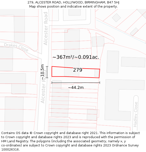 279, ALCESTER ROAD, HOLLYWOOD, BIRMINGHAM, B47 5HJ: Plot and title map