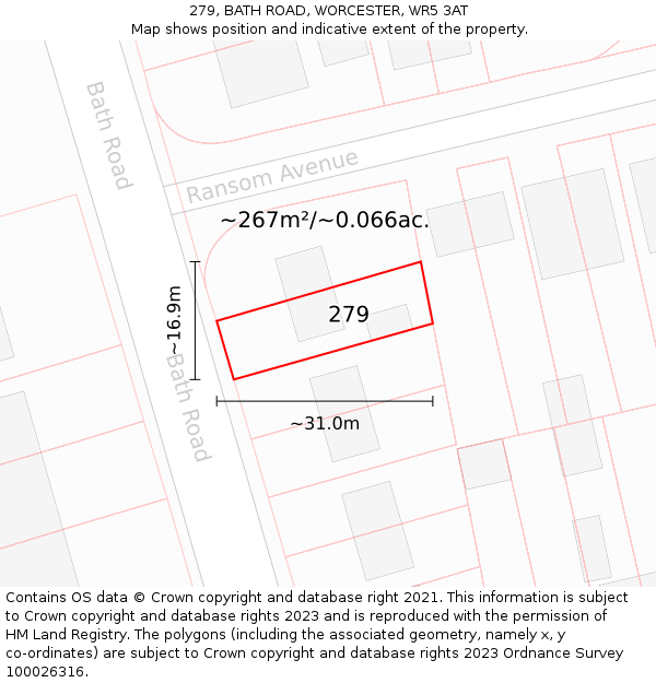 279, BATH ROAD, WORCESTER, WR5 3AT: Plot and title map