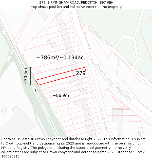 279, BIRMINGHAM ROAD, REDDITCH, B97 6EH: Plot and title map