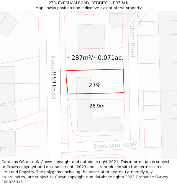 279, EVESHAM ROAD, REDDITCH, B97 5HL: Plot and title map