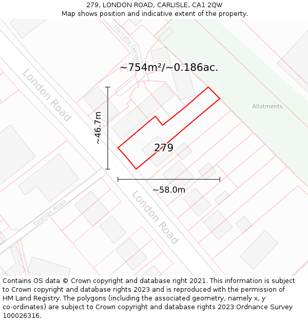 279, LONDON ROAD, CARLISLE, CA1 2QW: Plot and title map