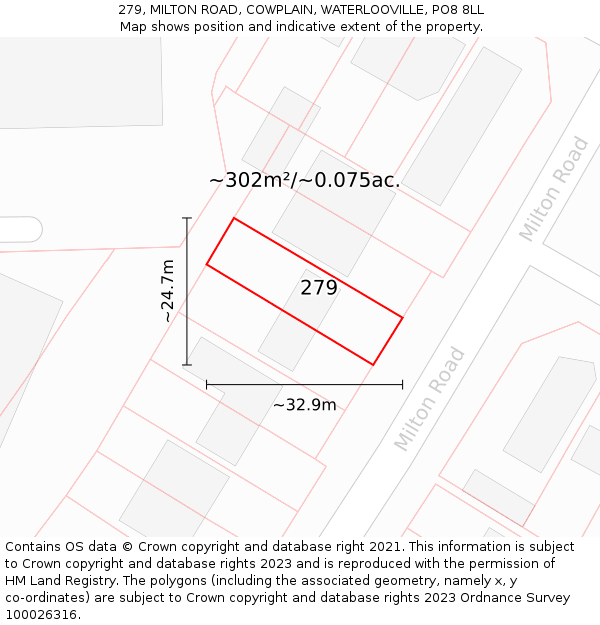 279, MILTON ROAD, COWPLAIN, WATERLOOVILLE, PO8 8LL: Plot and title map