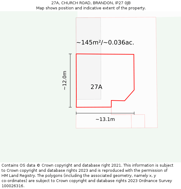 27A, CHURCH ROAD, BRANDON, IP27 0JB: Plot and title map