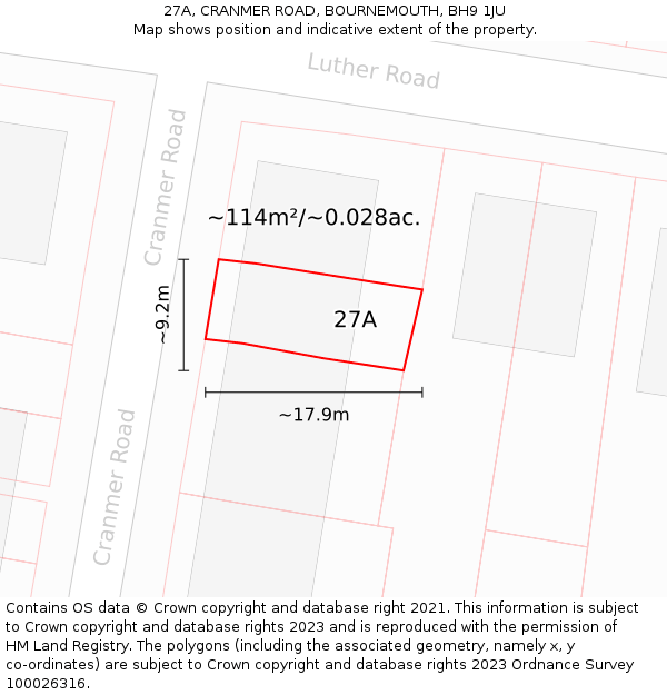 27A, CRANMER ROAD, BOURNEMOUTH, BH9 1JU: Plot and title map