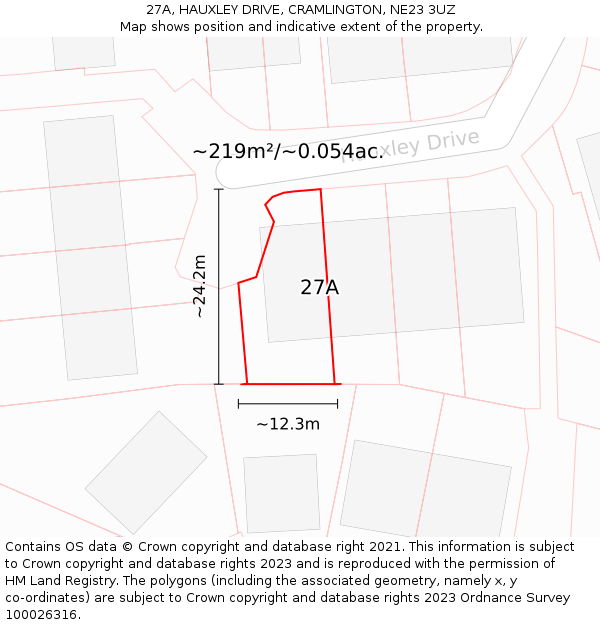 27A, HAUXLEY DRIVE, CRAMLINGTON, NE23 3UZ: Plot and title map