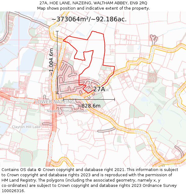 27A, HOE LANE, NAZEING, WALTHAM ABBEY, EN9 2RQ: Plot and title map