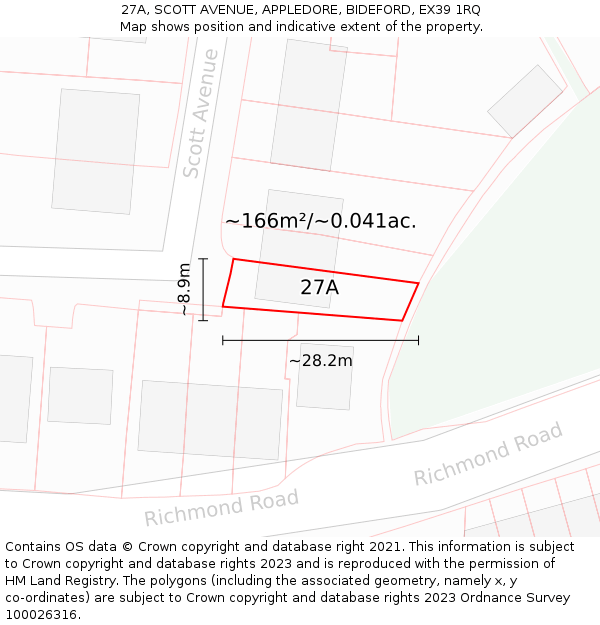 27A, SCOTT AVENUE, APPLEDORE, BIDEFORD, EX39 1RQ: Plot and title map