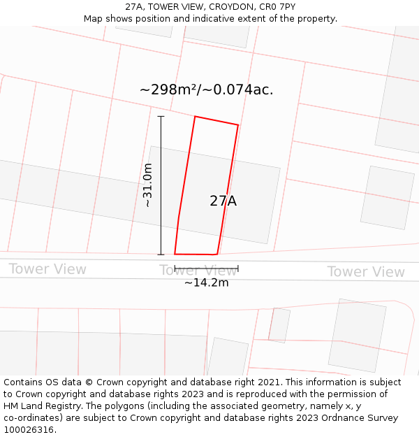 27A, TOWER VIEW, CROYDON, CR0 7PY: Plot and title map