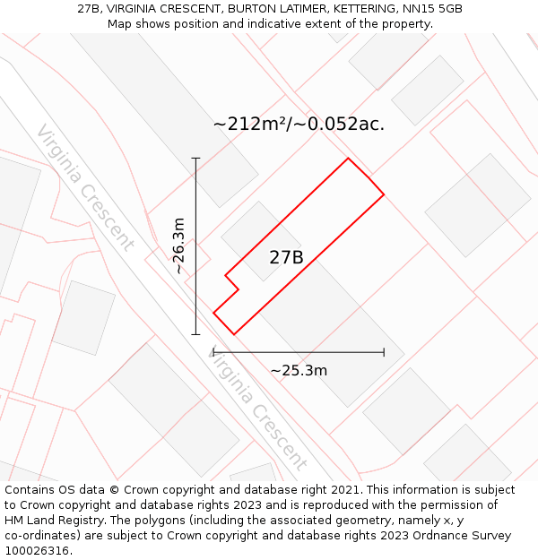 27B, VIRGINIA CRESCENT, BURTON LATIMER, KETTERING, NN15 5GB: Plot and title map