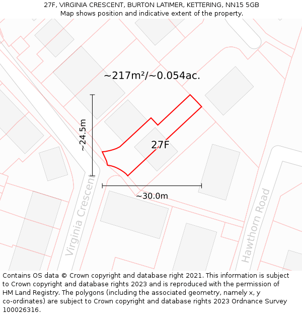 27F, VIRGINIA CRESCENT, BURTON LATIMER, KETTERING, NN15 5GB: Plot and title map