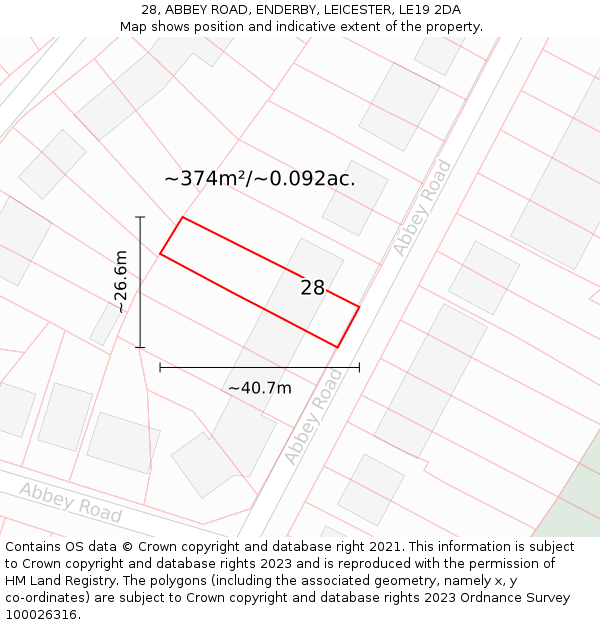 28, ABBEY ROAD, ENDERBY, LEICESTER, LE19 2DA: Plot and title map