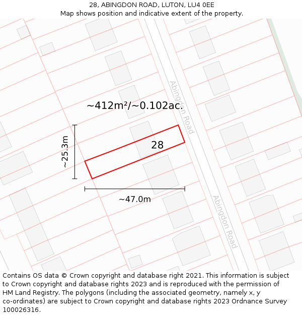 28, ABINGDON ROAD, LUTON, LU4 0EE: Plot and title map