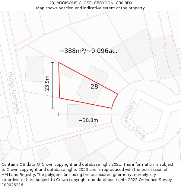 28, ADDISONS CLOSE, CROYDON, CR0 8DX: Plot and title map