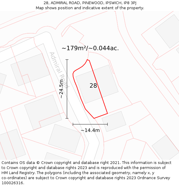 28, ADMIRAL ROAD, PINEWOOD, IPSWICH, IP8 3PJ: Plot and title map