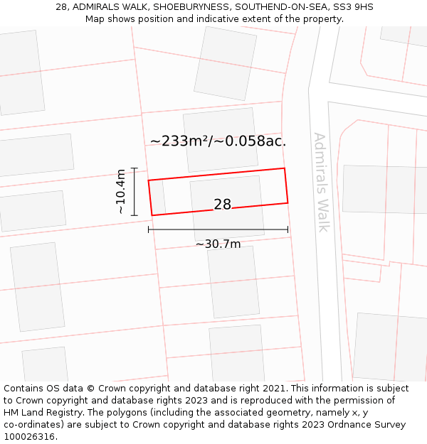 28, ADMIRALS WALK, SHOEBURYNESS, SOUTHEND-ON-SEA, SS3 9HS: Plot and title map