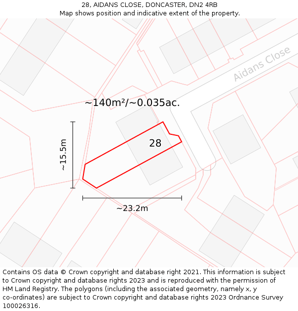 28, AIDANS CLOSE, DONCASTER, DN2 4RB: Plot and title map