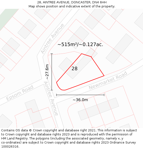 28, AINTREE AVENUE, DONCASTER, DN4 6HH: Plot and title map