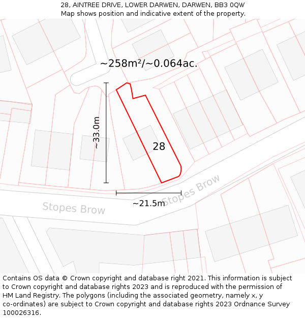 28, AINTREE DRIVE, LOWER DARWEN, DARWEN, BB3 0QW: Plot and title map