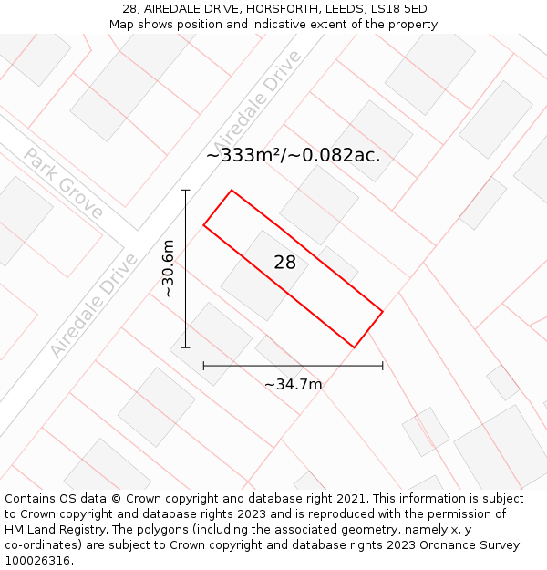 28, AIREDALE DRIVE, HORSFORTH, LEEDS, LS18 5ED: Plot and title map