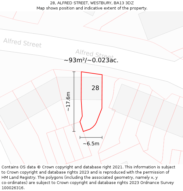 28, ALFRED STREET, WESTBURY, BA13 3DZ: Plot and title map