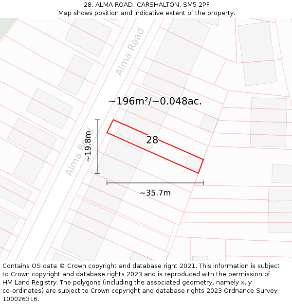 28, ALMA ROAD, CARSHALTON, SM5 2PF: Plot and title map