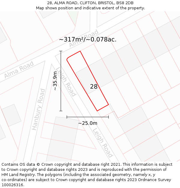 28, ALMA ROAD, CLIFTON, BRISTOL, BS8 2DB: Plot and title map