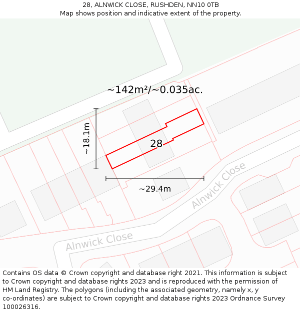 28, ALNWICK CLOSE, RUSHDEN, NN10 0TB: Plot and title map