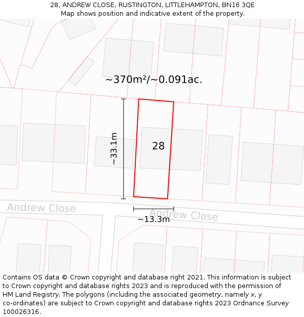 28, ANDREW CLOSE, RUSTINGTON, LITTLEHAMPTON, BN16 3QE: Plot and title map