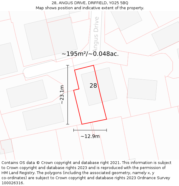 28, ANGUS DRIVE, DRIFFIELD, YO25 5BQ: Plot and title map