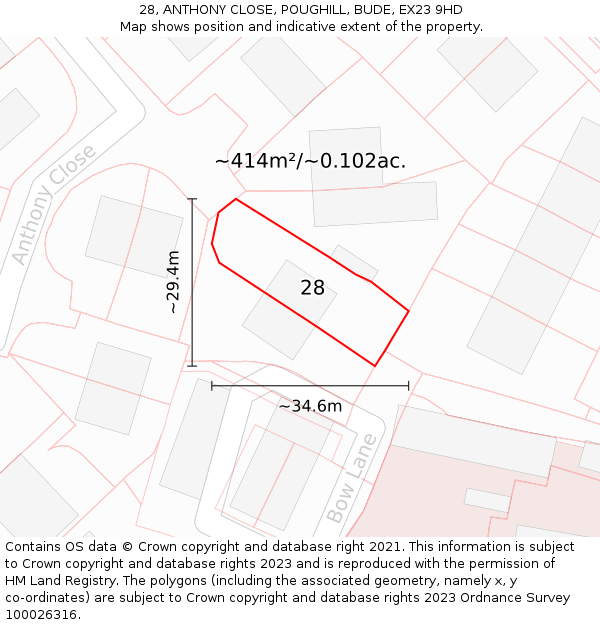 28, ANTHONY CLOSE, POUGHILL, BUDE, EX23 9HD: Plot and title map