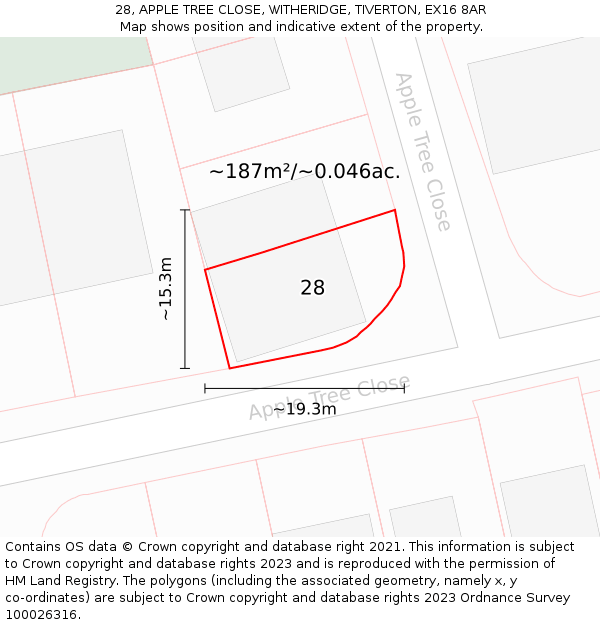 28, APPLE TREE CLOSE, WITHERIDGE, TIVERTON, EX16 8AR: Plot and title map