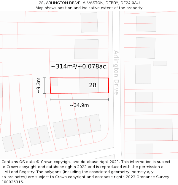 28, ARLINGTON DRIVE, ALVASTON, DERBY, DE24 0AU: Plot and title map