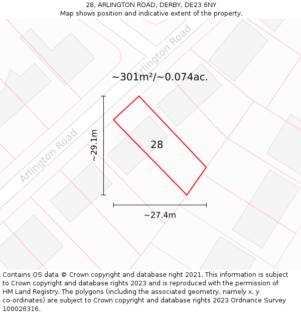 28, ARLINGTON ROAD, DERBY, DE23 6NY: Plot and title map