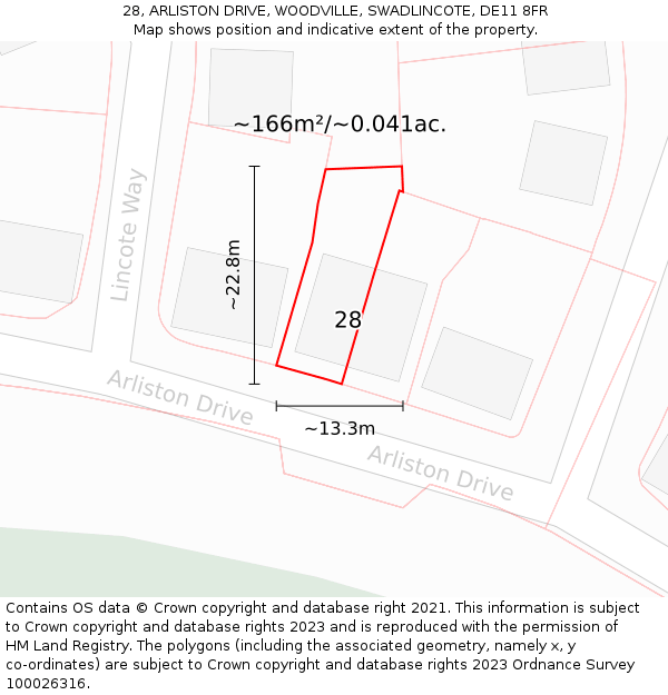 28, ARLISTON DRIVE, WOODVILLE, SWADLINCOTE, DE11 8FR: Plot and title map