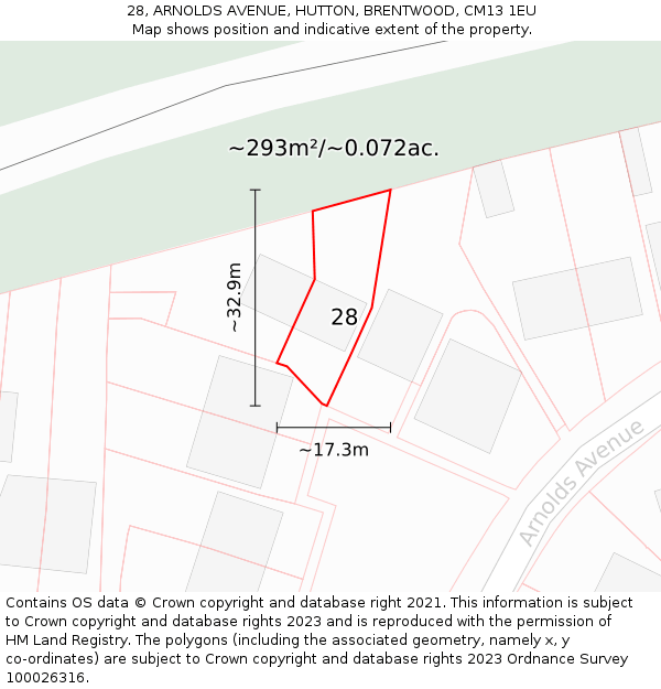 28, ARNOLDS AVENUE, HUTTON, BRENTWOOD, CM13 1EU: Plot and title map