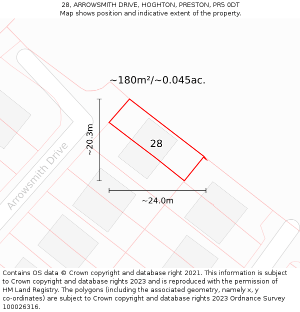 28, ARROWSMITH DRIVE, HOGHTON, PRESTON, PR5 0DT: Plot and title map
