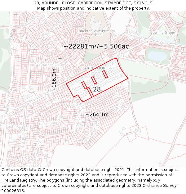 28, ARUNDEL CLOSE, CARRBROOK, STALYBRIDGE, SK15 3LS: Plot and title map